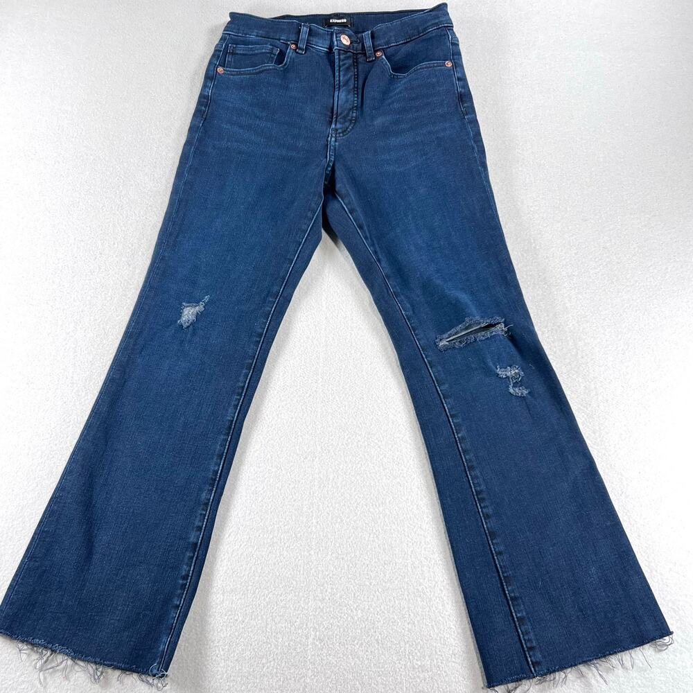 Express Cropped Flare High Rise Jeans Womens Size 4 Distressed Dark Blue Denim